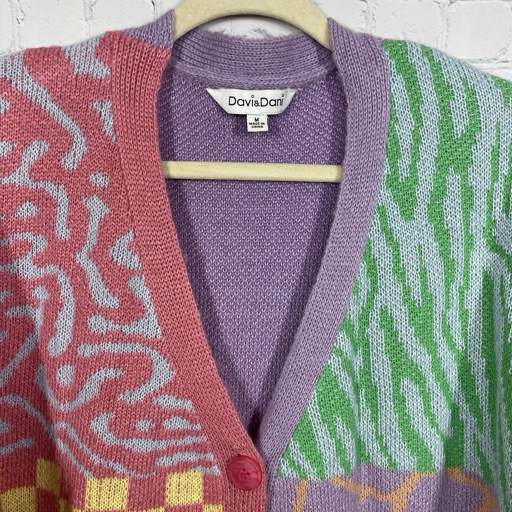Oversized Cardigan Women Medium Pattern Patchwork Y2K Coquette Kidcore Sweater - Picture 4 of 11